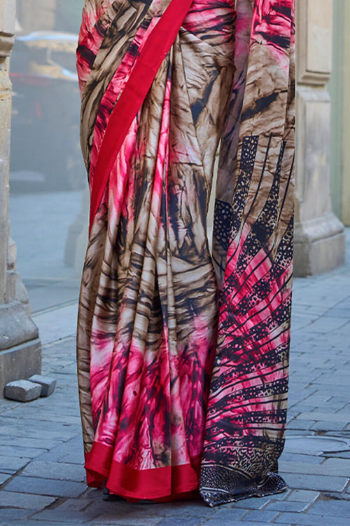 Load image into Gallery viewer, Appealing Brown and Pink Digital Printed Satin Silk Saree With Engrossing Blouse Piece
