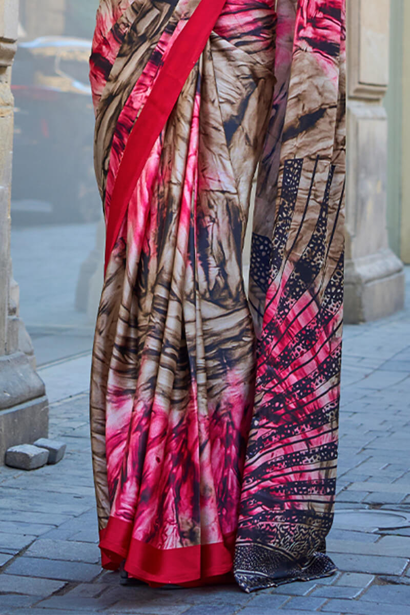 Appealing Brown and Pink Digital Printed Satin Silk Saree With Engrossing Blouse Piece