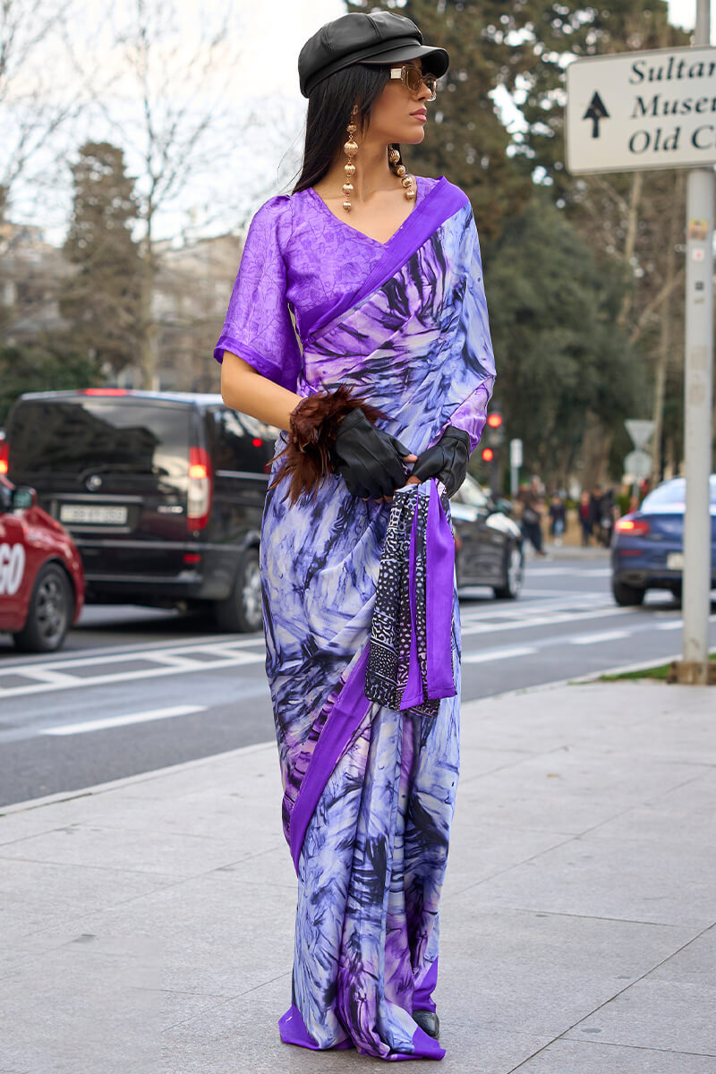 Exceptional Lavender Digital Printed Satin Silk Saree With Majesty Blouse Piece