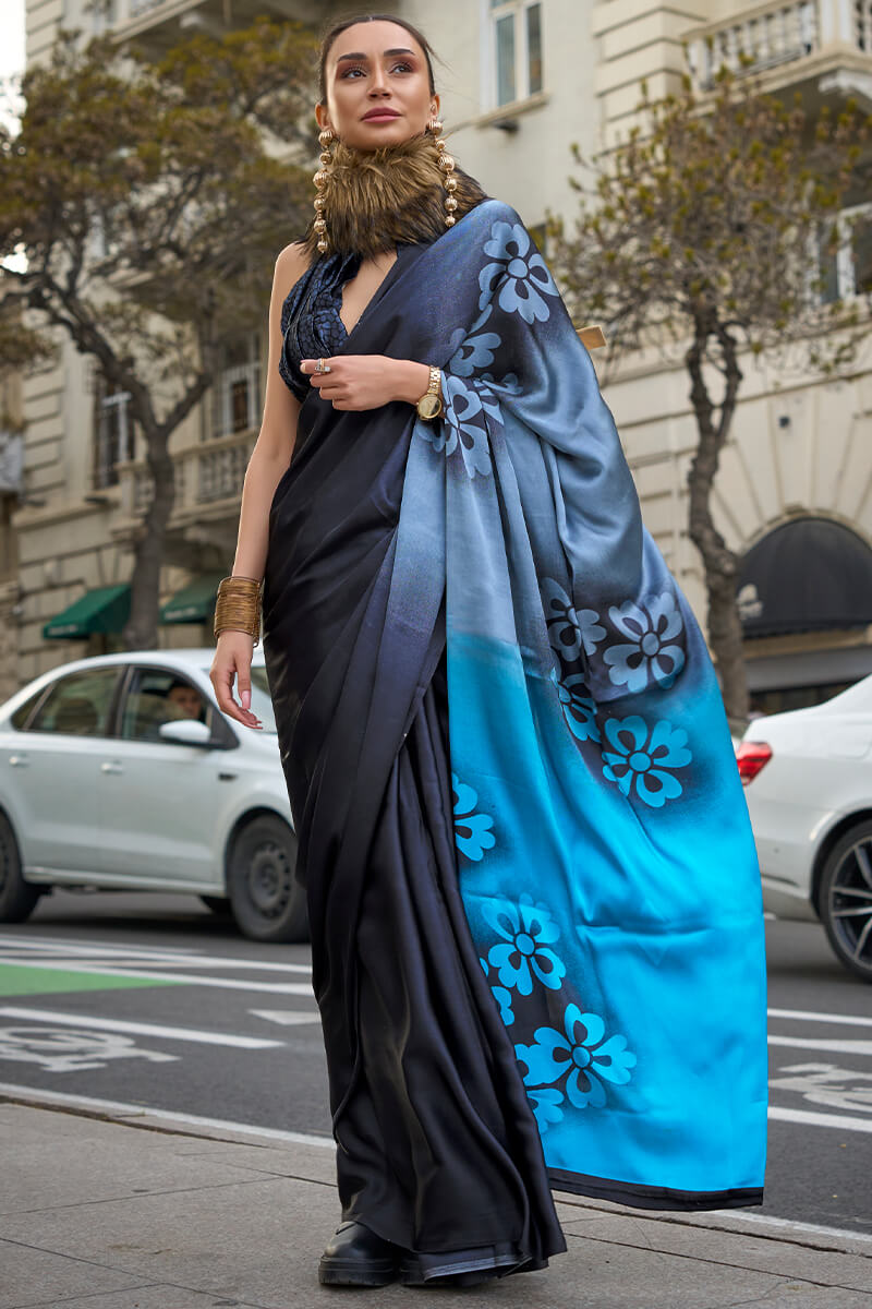 Prominent Black and Firozi Digital Printed Satin Silk Saree With Preferable Blouse Piece