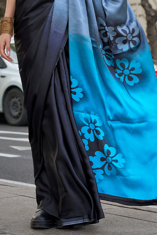 Load image into Gallery viewer, Prominent Black and Firozi Digital Printed Satin Silk Saree With Preferable Blouse Piece
