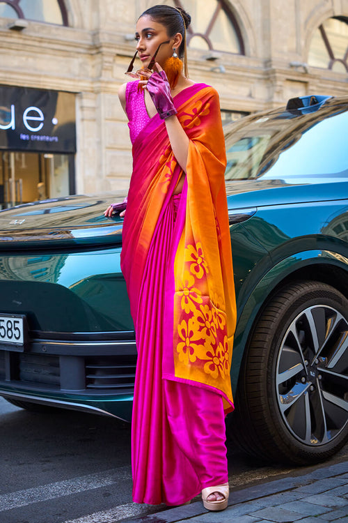 Load image into Gallery viewer, Inspiring Pink and Yellow Digital Printed Satin Silk Saree With Fairytale Blouse Piece
