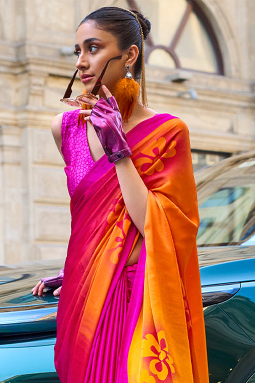 Load image into Gallery viewer, Inspiring Pink and Yellow Digital Printed Satin Silk Saree With Fairytale Blouse Piece
