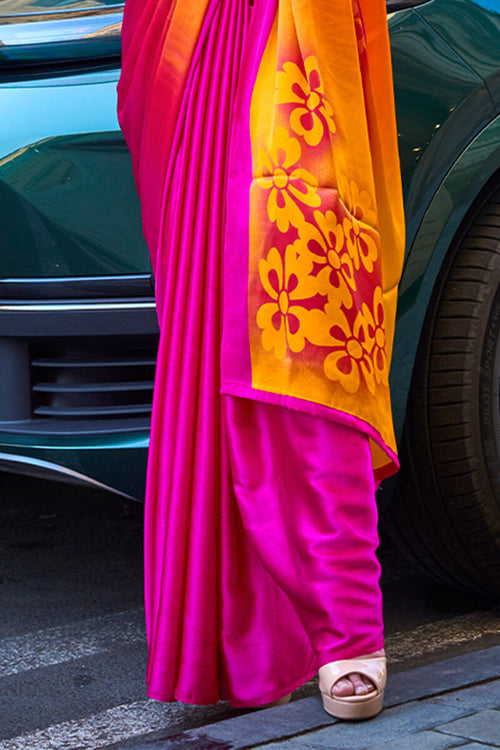 Load image into Gallery viewer, Inspiring Pink and Yellow Digital Printed Satin Silk Saree With Fairytale Blouse Piece
