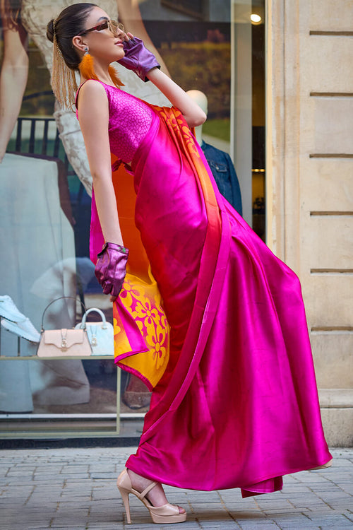 Load image into Gallery viewer, Inspiring Pink and Yellow Digital Printed Satin Silk Saree With Fairytale Blouse Piece
