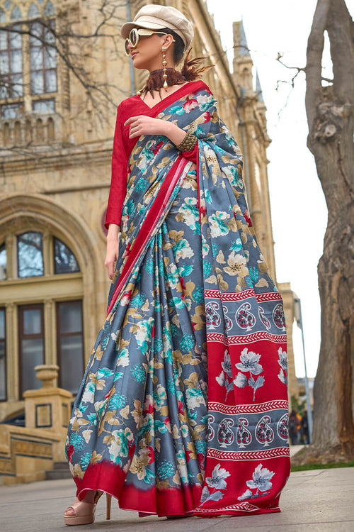 Load image into Gallery viewer, Adoring Grey Digital Printed Satin Silk Saree With Excellent Blouse Piece
