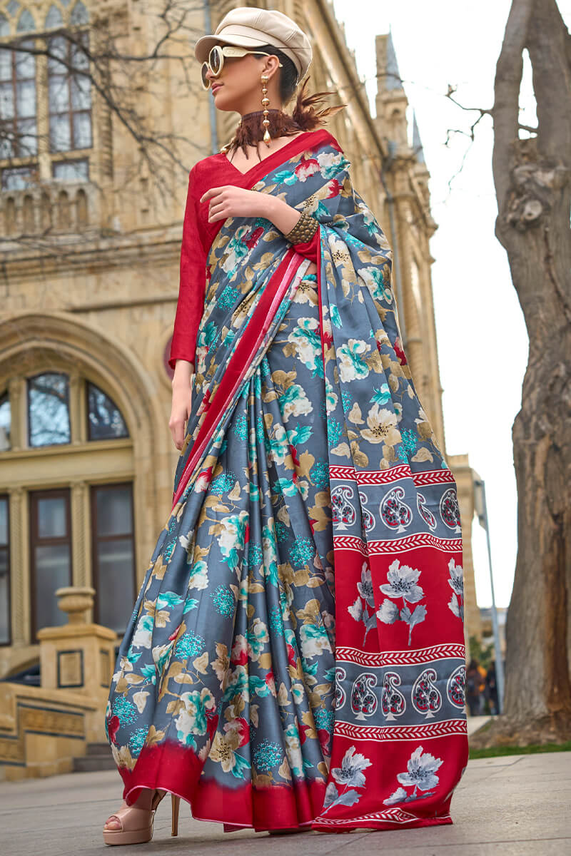 Adoring Grey Digital Printed Satin Silk Saree With Excellent Blouse Piece