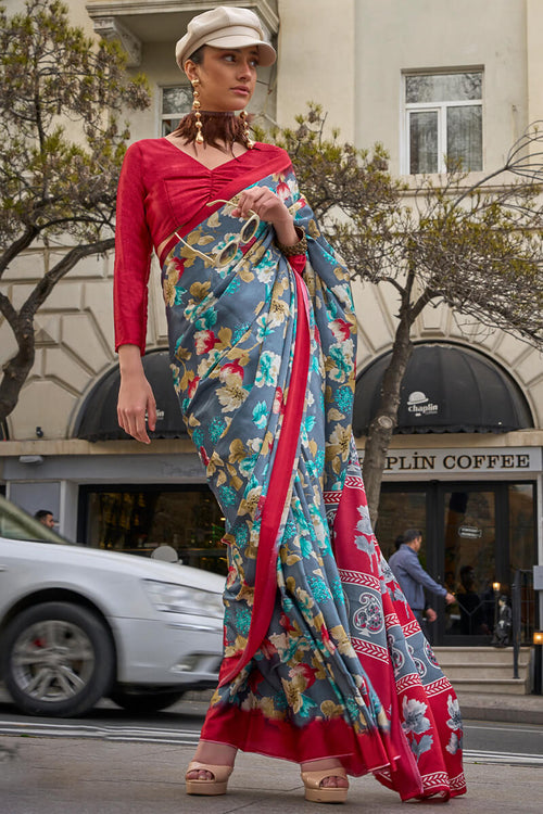 Load image into Gallery viewer, Adoring Grey Digital Printed Satin Silk Saree With Excellent Blouse Piece
