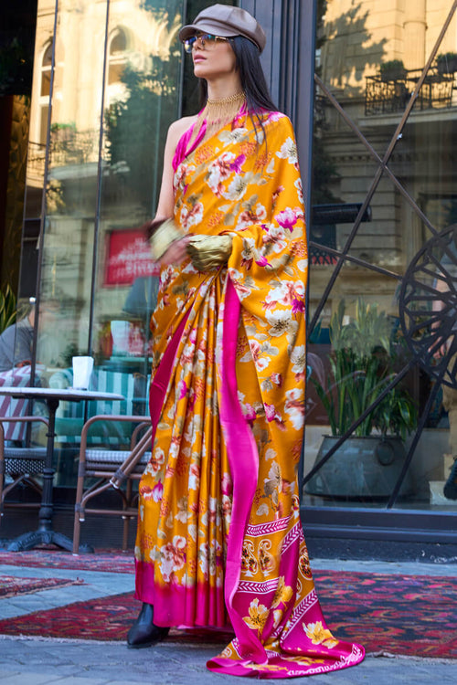 Load image into Gallery viewer, Bucolic Yellow Digital Printed Satin Silk Saree With Cynosure Blouse Piece
