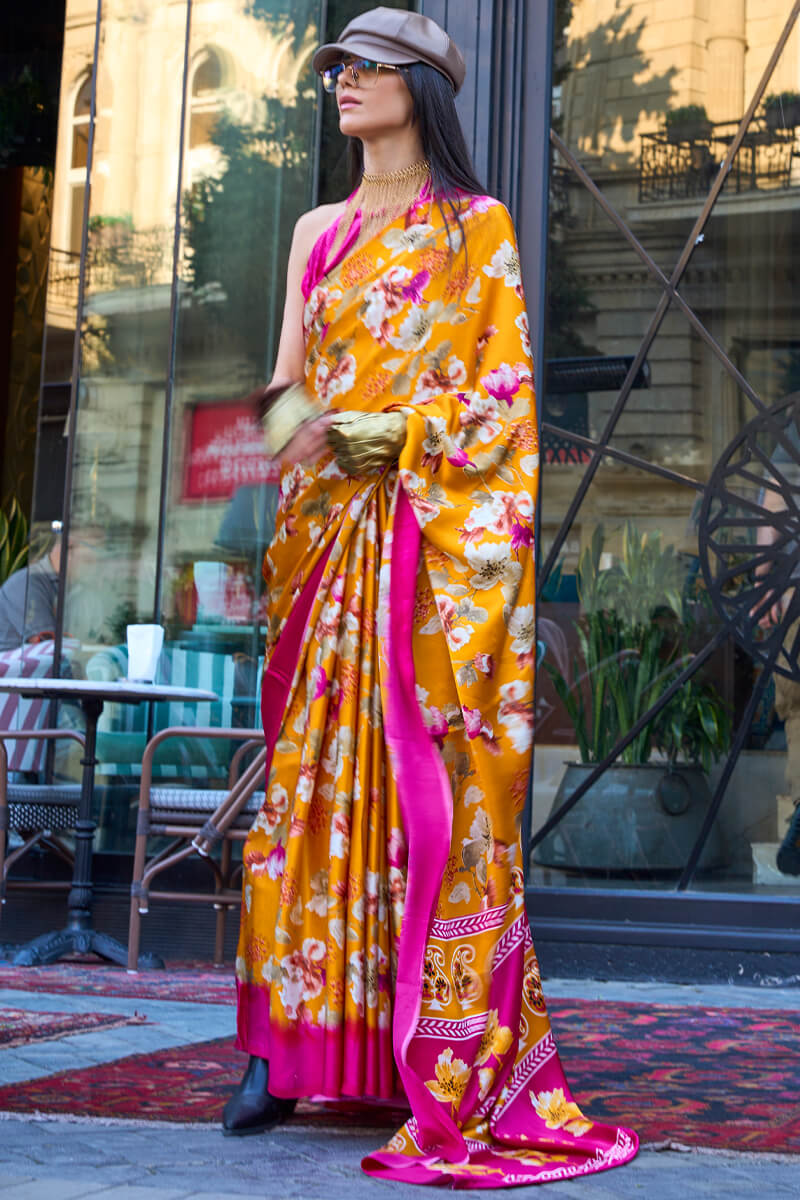 Bucolic Yellow Digital Printed Satin Silk Saree With Cynosure Blouse Piece