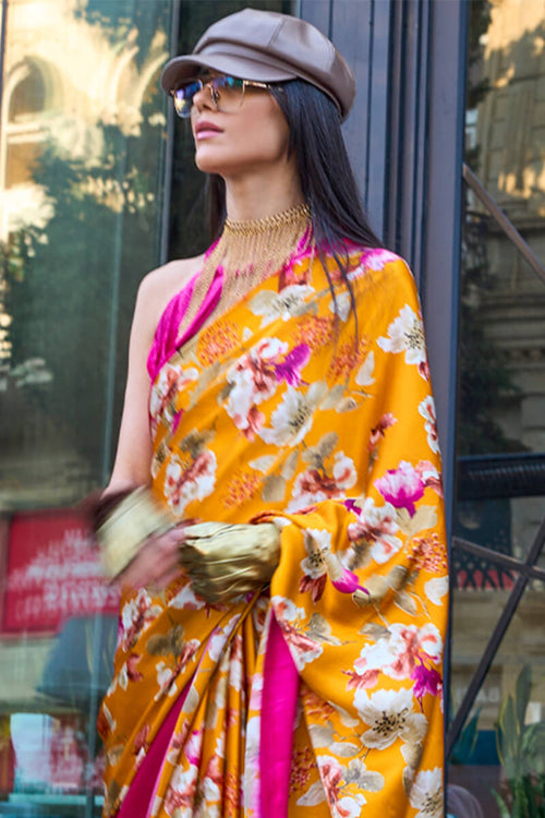 Load image into Gallery viewer, Bucolic Yellow Digital Printed Satin Silk Saree With Cynosure Blouse Piece
