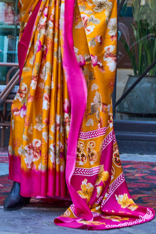 Load image into Gallery viewer, Bucolic Yellow Digital Printed Satin Silk Saree With Cynosure Blouse Piece
