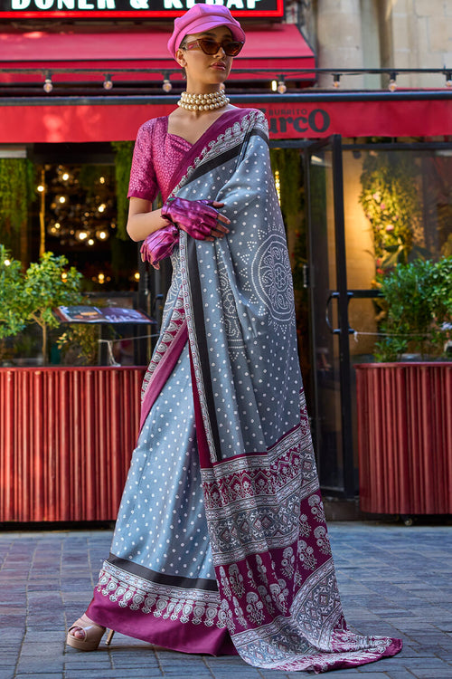 Load image into Gallery viewer, Desuetude Grey Digital Printed Satin Silk Saree With Diaphanous Blouse Piece
