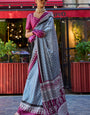 Desuetude Grey Digital Printed Satin Silk Saree With Diaphanous Blouse Piece