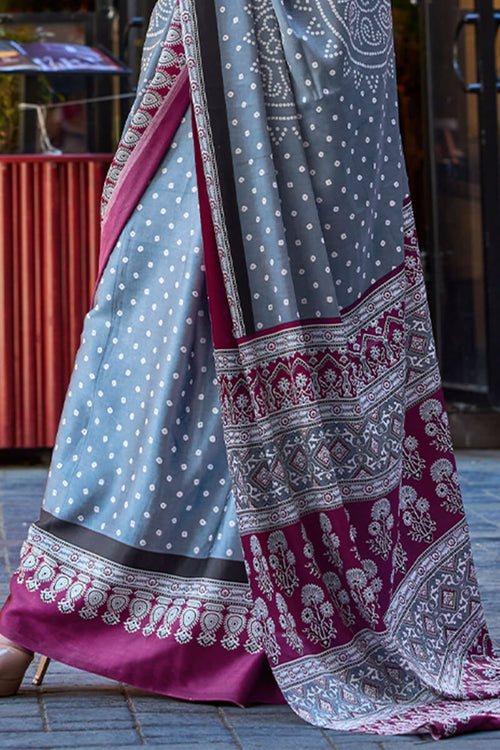 Load image into Gallery viewer, Desuetude Grey Digital Printed Satin Silk Saree With Diaphanous Blouse Piece
