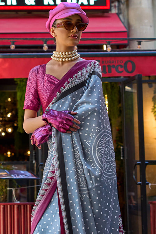 Load image into Gallery viewer, Desuetude Grey Digital Printed Satin Silk Saree With Diaphanous Blouse Piece
