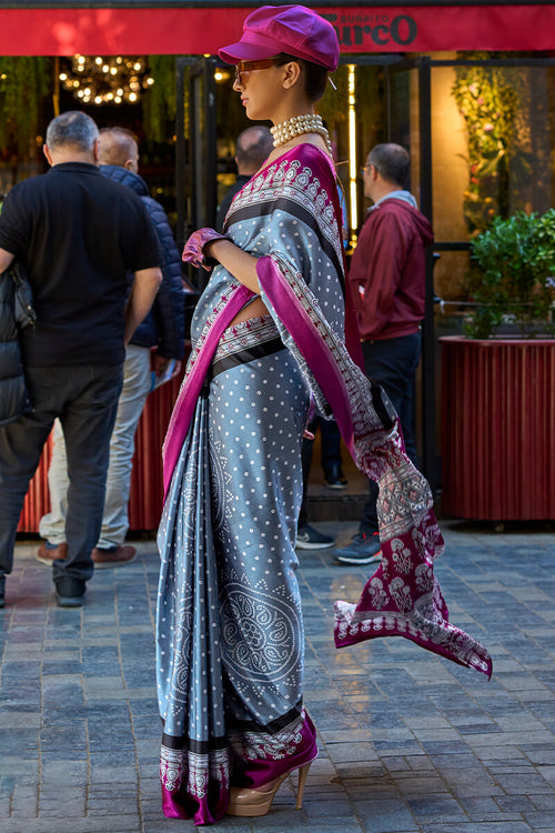 Load image into Gallery viewer, Desuetude Grey Digital Printed Satin Silk Saree With Diaphanous Blouse Piece
