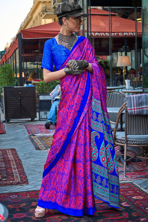 Load image into Gallery viewer, Ebullience Pink and Blue Digital Printed Satin Silk Saree With Imbrication Blouse Piece
