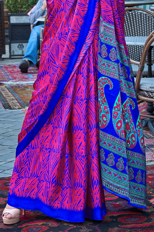 Load image into Gallery viewer, Ebullience Pink and Blue Digital Printed Satin Silk Saree With Imbrication Blouse Piece
