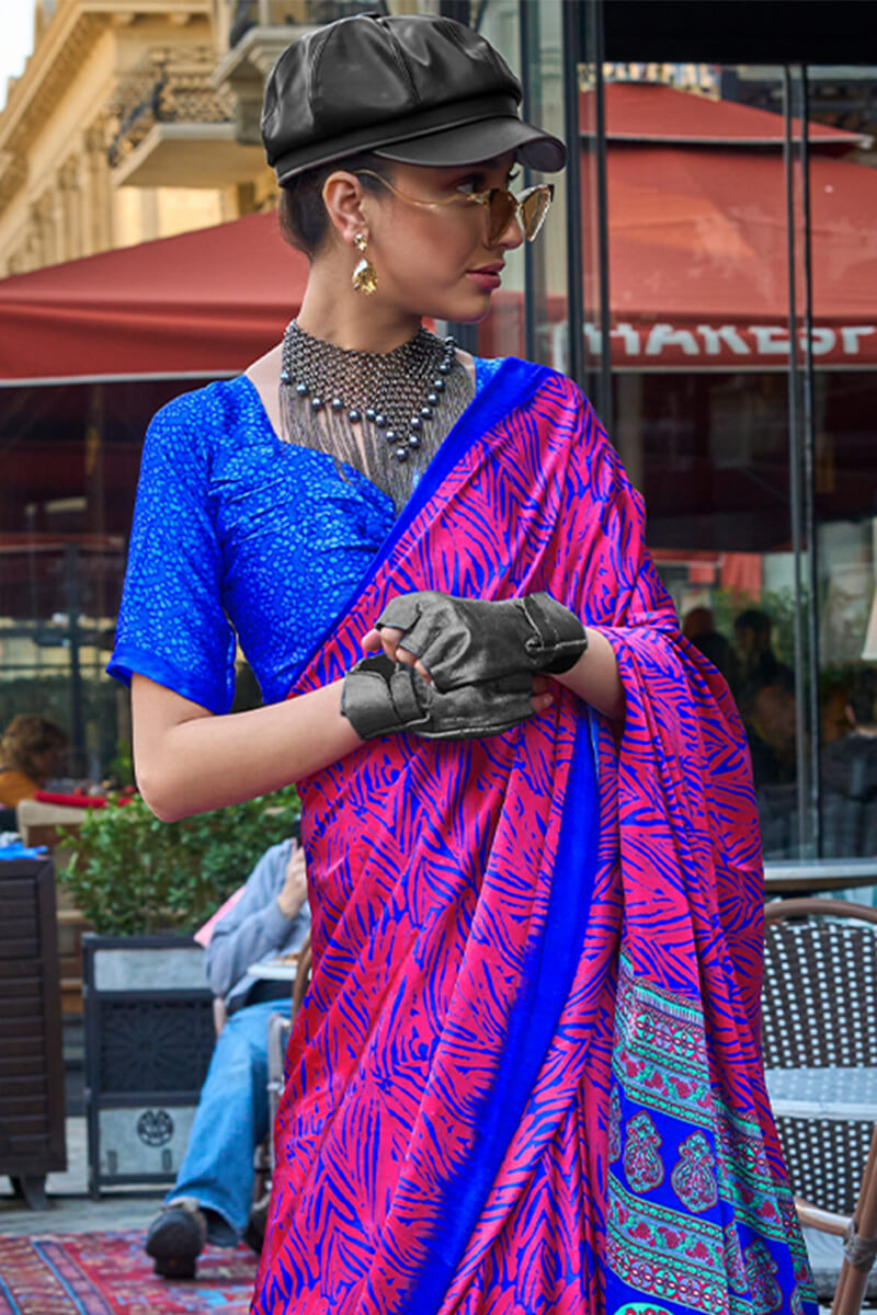 Ebullience Pink and Blue Digital Printed Satin Silk Saree With Imbrication Blouse Piece