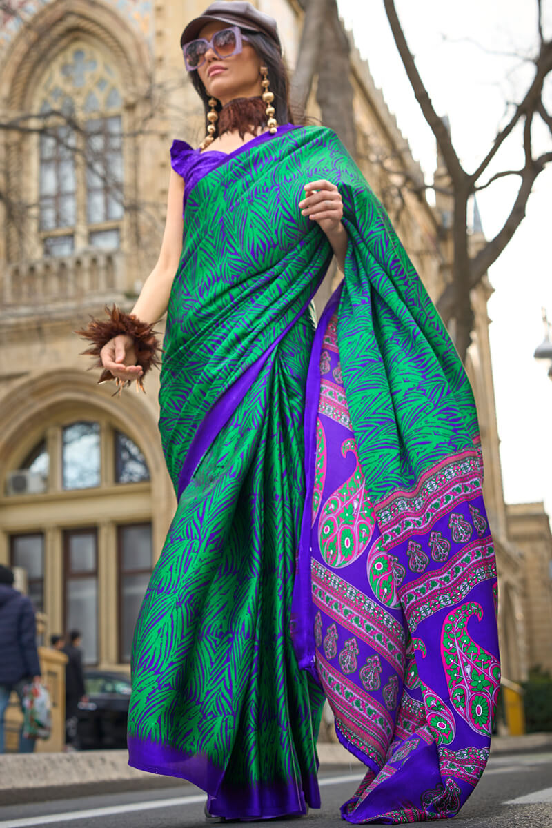 Surreptitious Green and Purple Digital Printed Satin Silk Saree With Denouement Blouse Piece