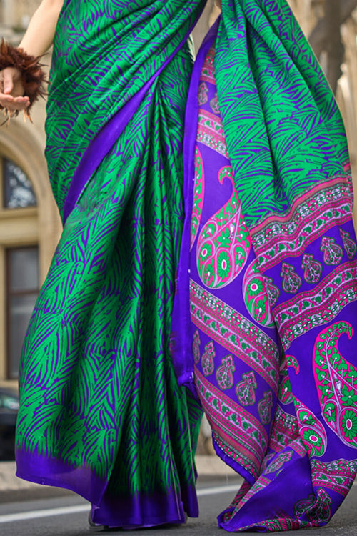 Load image into Gallery viewer, Surreptitious Green and Purple Digital Printed Satin Silk Saree With Denouement Blouse Piece
