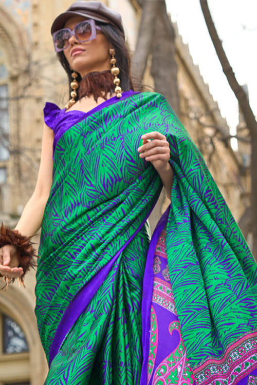 Load image into Gallery viewer, Surreptitious Green and Purple Digital Printed Satin Silk Saree With Denouement Blouse Piece
