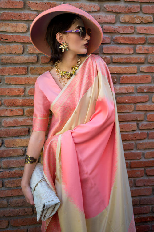 Load image into Gallery viewer, Gleaming Beige and Pink Soft Banarasi Silk Saree With Phenomenal Blouse Piece
