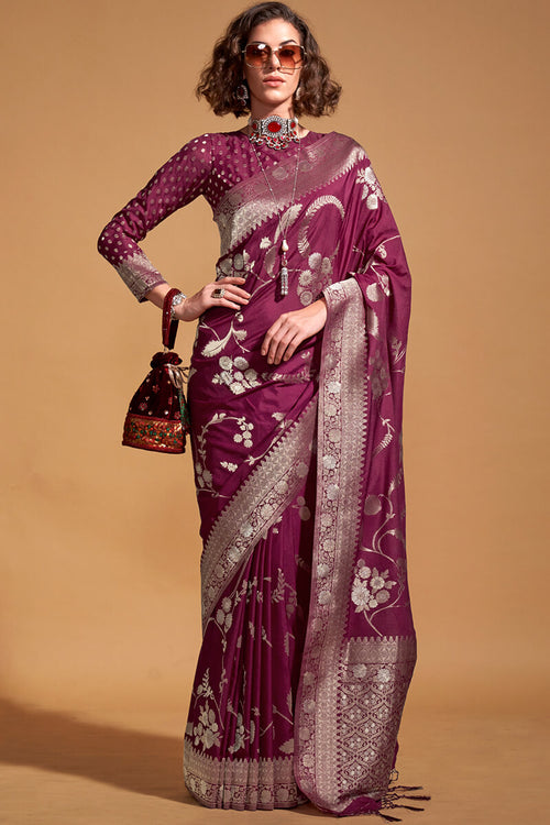 Load image into Gallery viewer, Gorgeous Wine Georgette Banarasi Silk Saree With Pretty Blouse Piece
