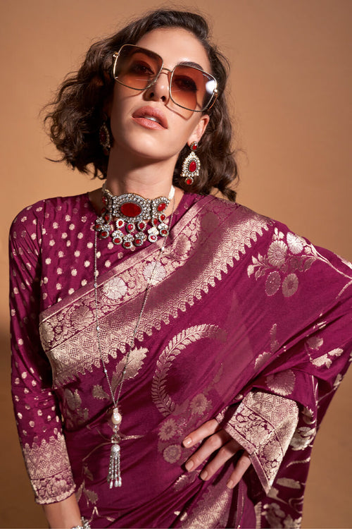 Load image into Gallery viewer, Gorgeous Wine Georgette Banarasi Silk Saree With Pretty Blouse Piece
