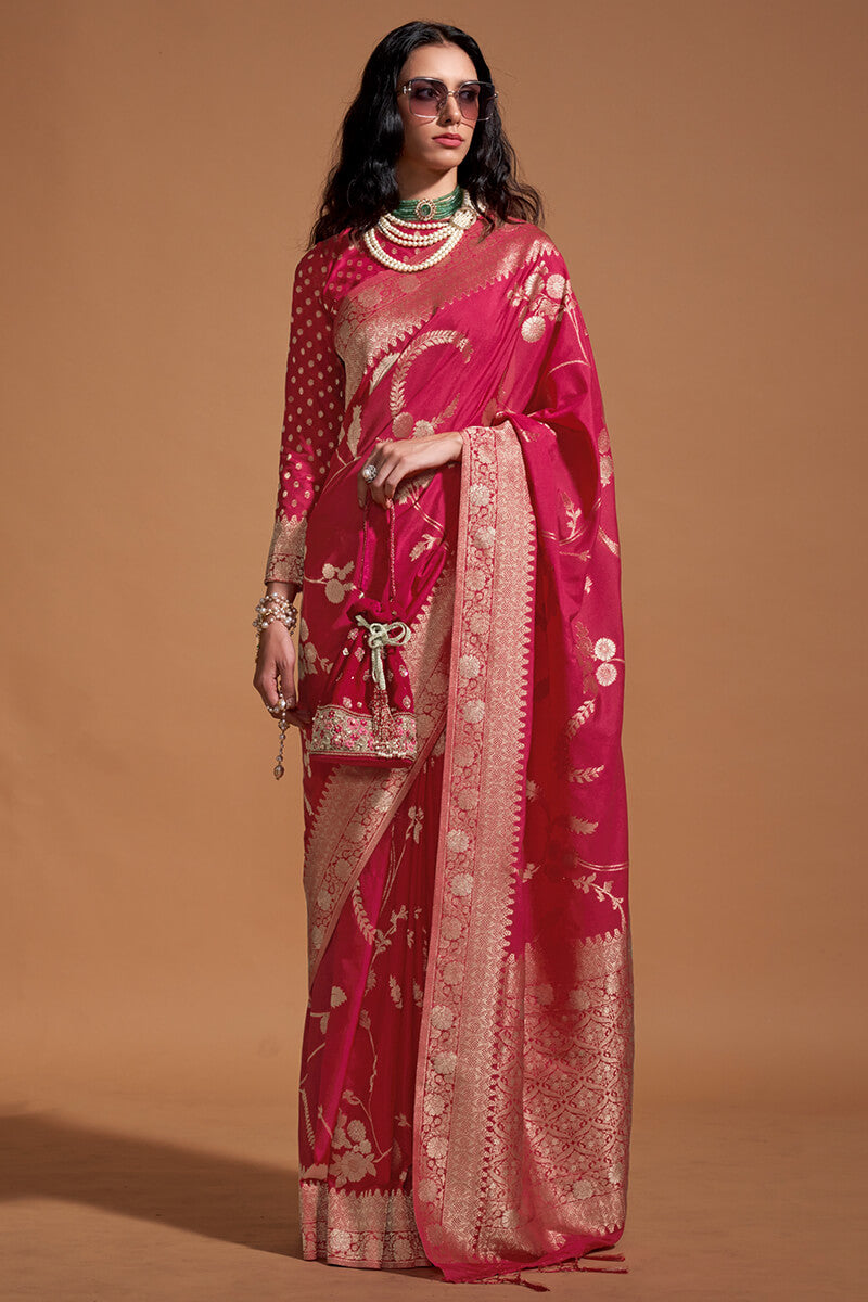 Phenomenal Dark Pink Georgette Banarasi Silk Saree With Jazzy Blouse Piece