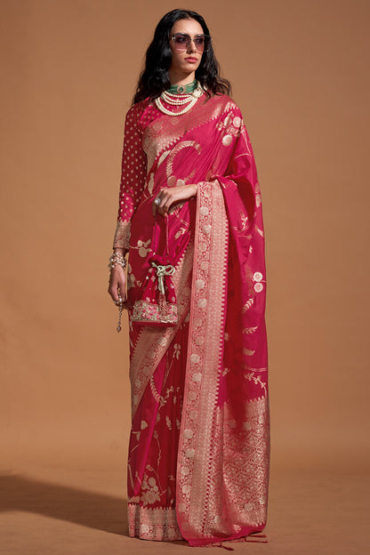 Phenomenal Dark Pink Georgette Banarasi Silk Saree With Jazzy Blouse Piece