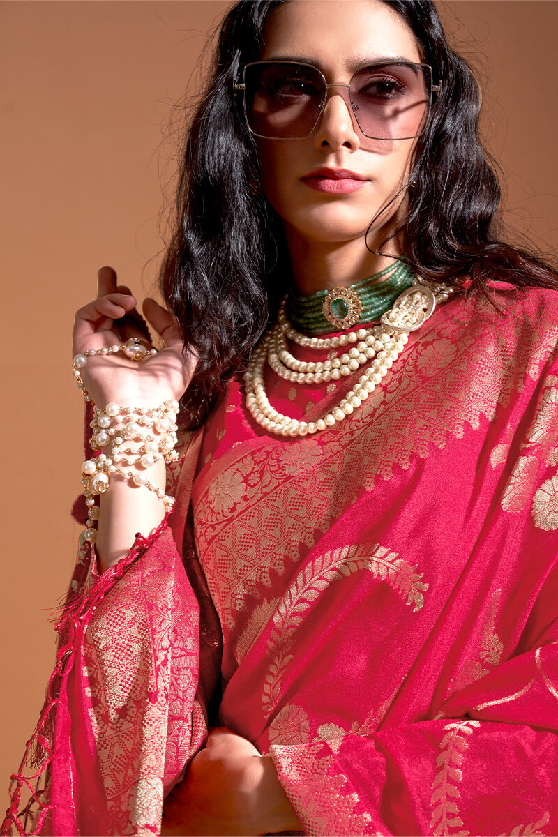 Phenomenal Dark Pink Georgette Banarasi Silk Saree With Jazzy Blouse Piece