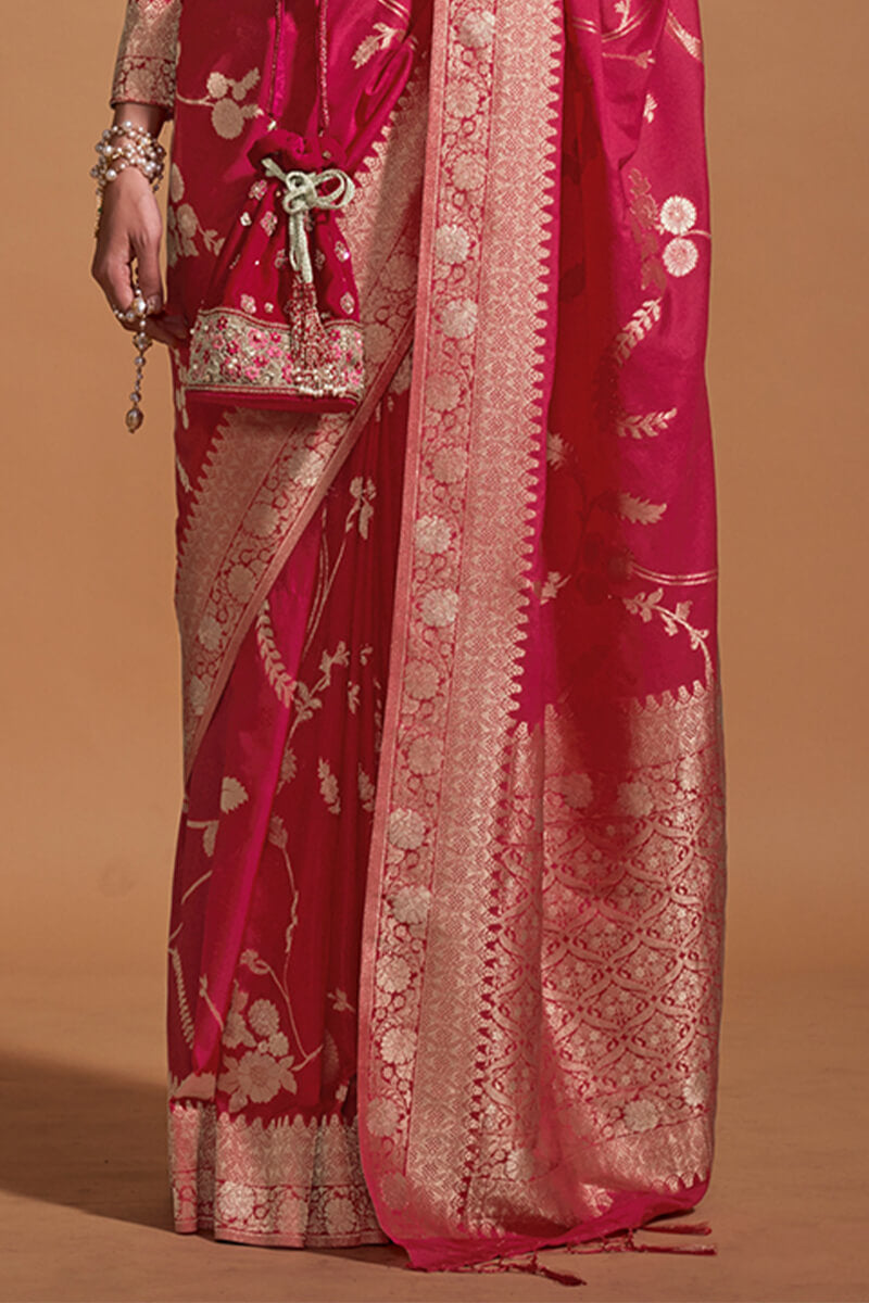 Phenomenal Dark Pink Georgette Banarasi Silk Saree With Jazzy Blouse Piece