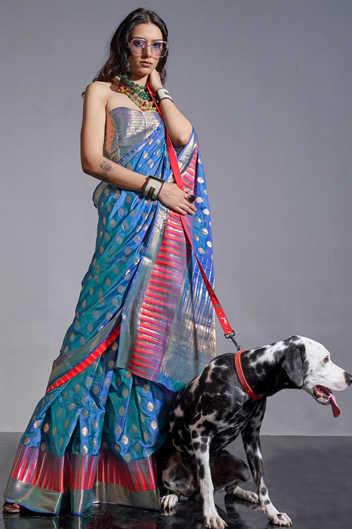 Load image into Gallery viewer, Girlish Blue Soft Banarasi Silk Saree With Groovy Blouse Piece
