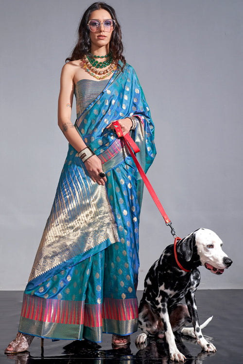 Load image into Gallery viewer, Girlish Blue Soft Banarasi Silk Saree With Groovy Blouse Piece
