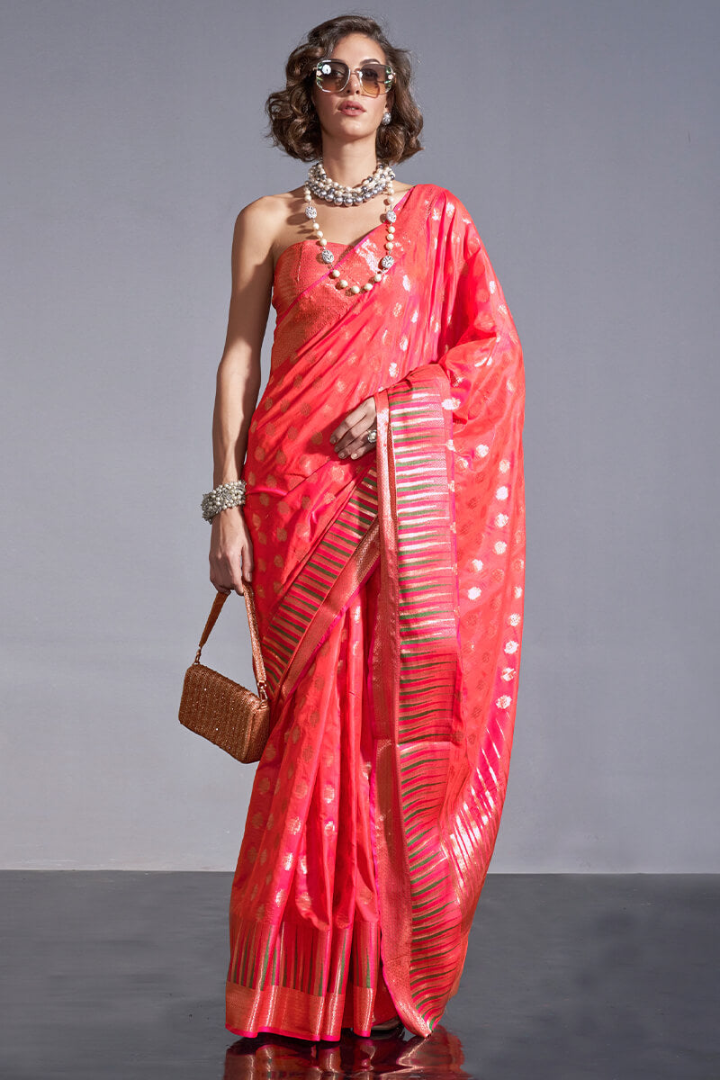 Flameboyant Tomato Soft Banarasi Silk Saree With Stunner Blouse Piece