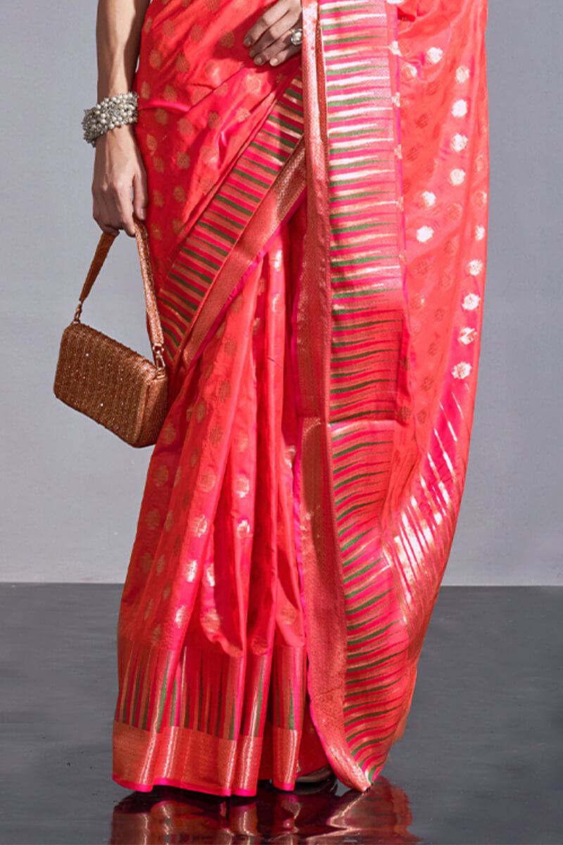 Flameboyant Tomato Soft Banarasi Silk Saree With Stunner Blouse Piece