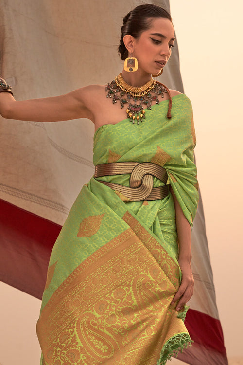 Load image into Gallery viewer, Murmurous Green Soft Banarasi Silk Saree With Diaphanous Blouse Piece
