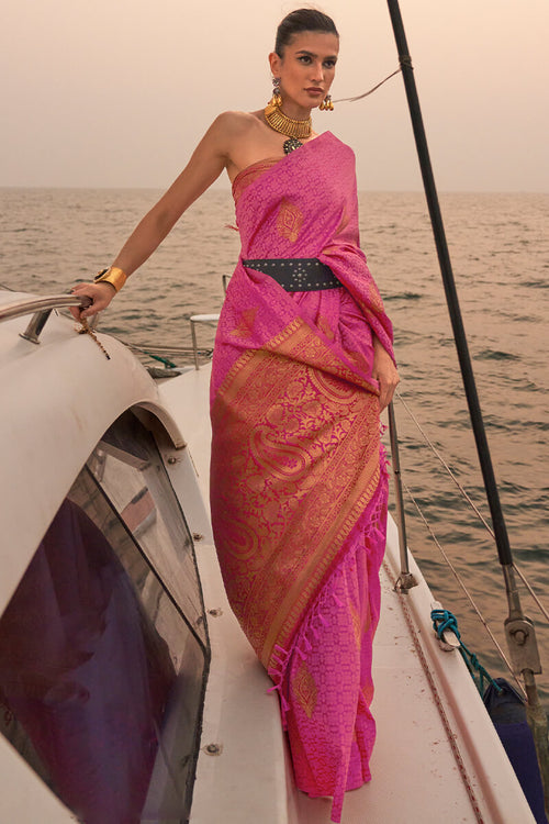 Load image into Gallery viewer, Divine Pink Soft Banarasi Silk Saree With Fairytale Blouse Piece
