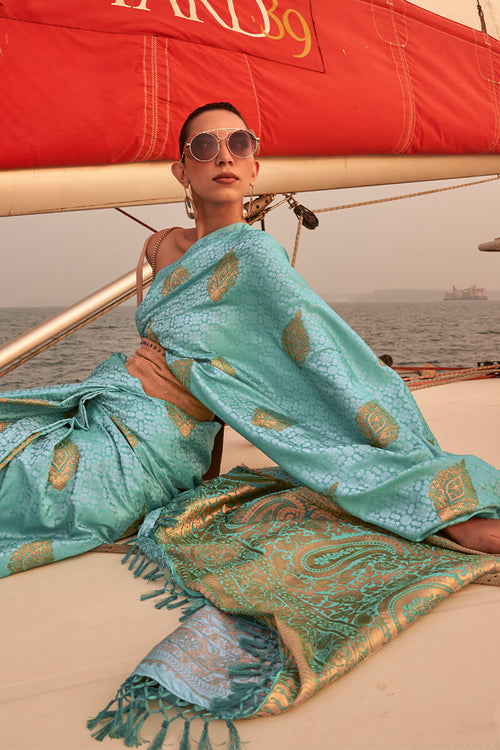 Load image into Gallery viewer, Majesty Firozi Soft Banarasi Silk Saree With Engrossing Blouse Piece
