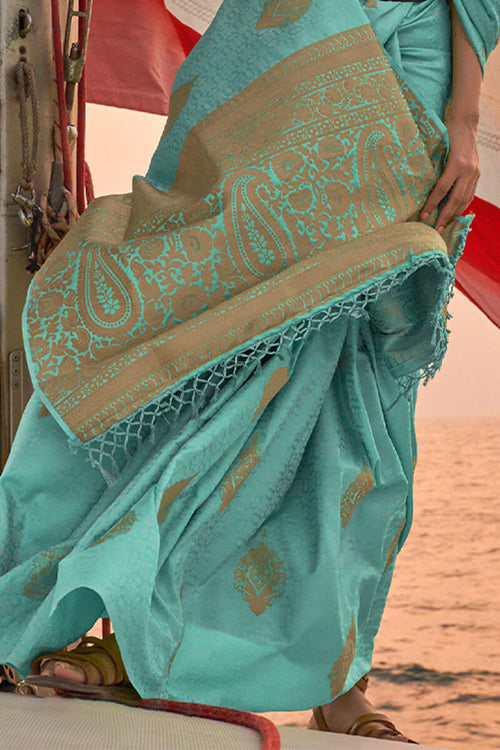 Load image into Gallery viewer, Majesty Firozi Soft Banarasi Silk Saree With Engrossing Blouse Piece
