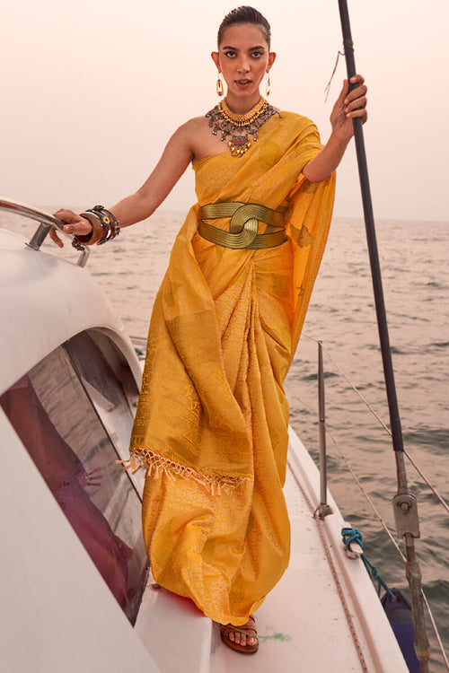 Load image into Gallery viewer, Inspiring Yellow Soft Banarasi Silk Saree With Assemblage Blouse Piece
