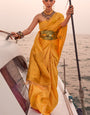 Inspiring Yellow Soft Banarasi Silk Saree With Assemblage Blouse Piece