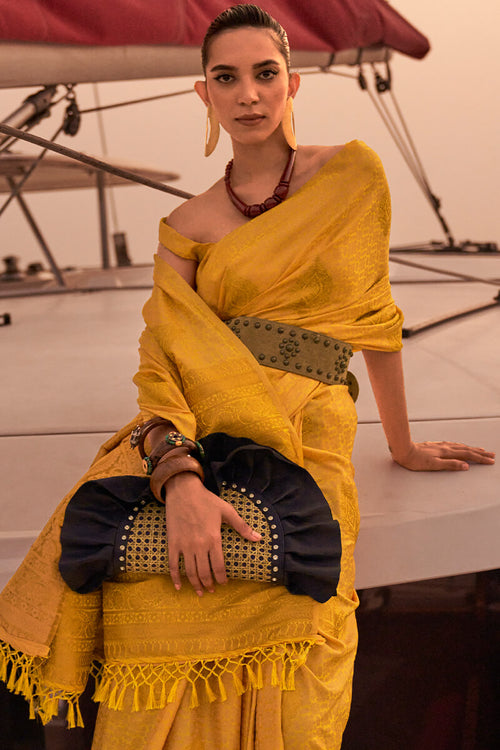 Load image into Gallery viewer, Inspiring Yellow Soft Banarasi Silk Saree With Assemblage Blouse Piece
