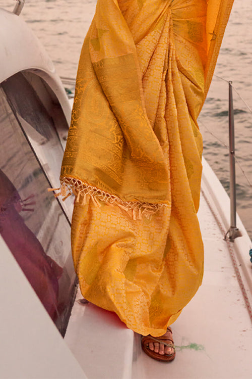 Load image into Gallery viewer, Inspiring Yellow Soft Banarasi Silk Saree With Assemblage Blouse Piece
