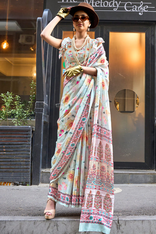 Load image into Gallery viewer, Elegant Off White Digital Printed Satin Silk Saree With Lovely Blouse Piece
