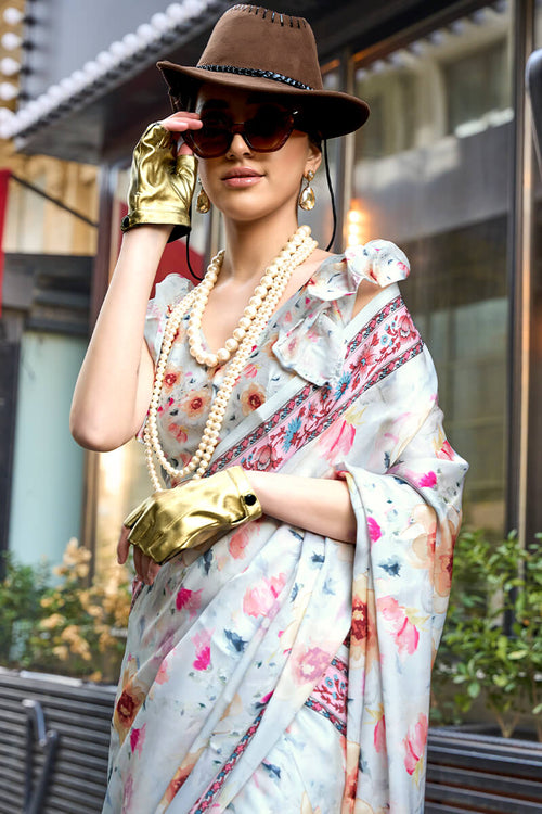 Load image into Gallery viewer, Elegant Off White Digital Printed Satin Silk Saree With Lovely Blouse Piece
