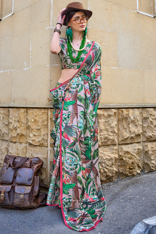 Load image into Gallery viewer, Classy Green Digital Printed Satin Silk Saree With Mesmerising Blouse Piece
