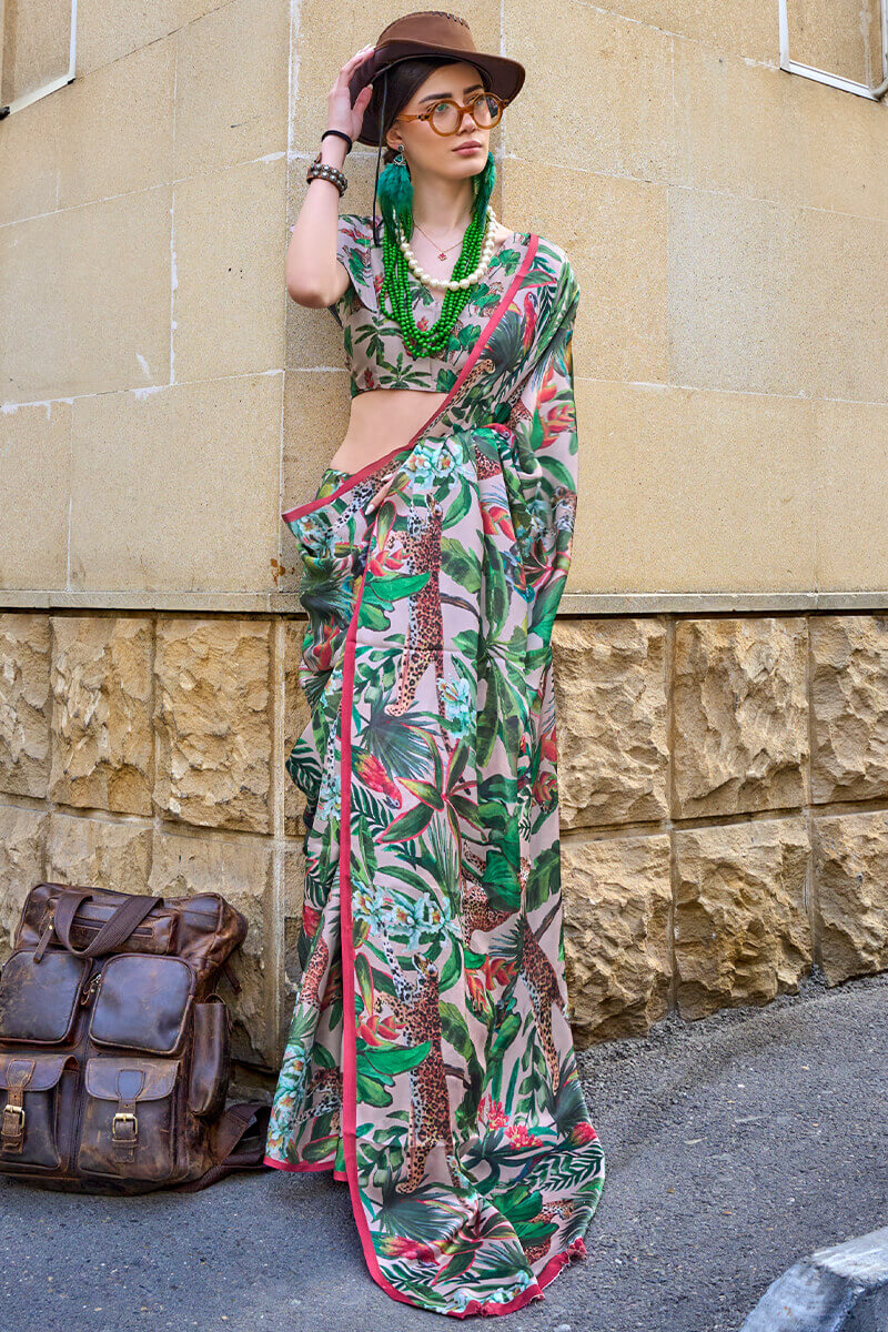 Classy Green Digital Printed Satin Silk Saree With Mesmerising Blouse Piece